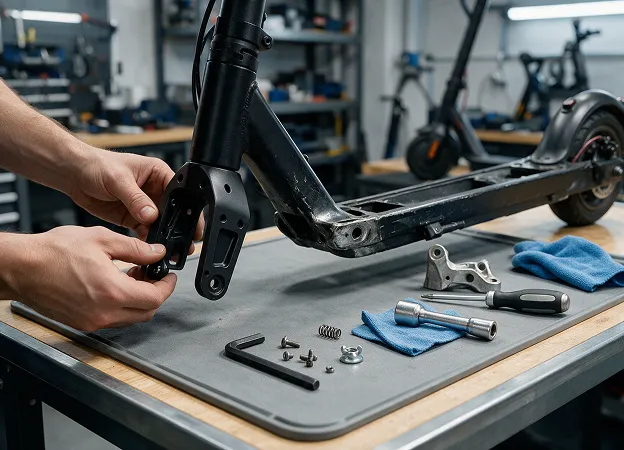 Mécanicien réparant une trottinette électrique sur l’établi de l’atelier